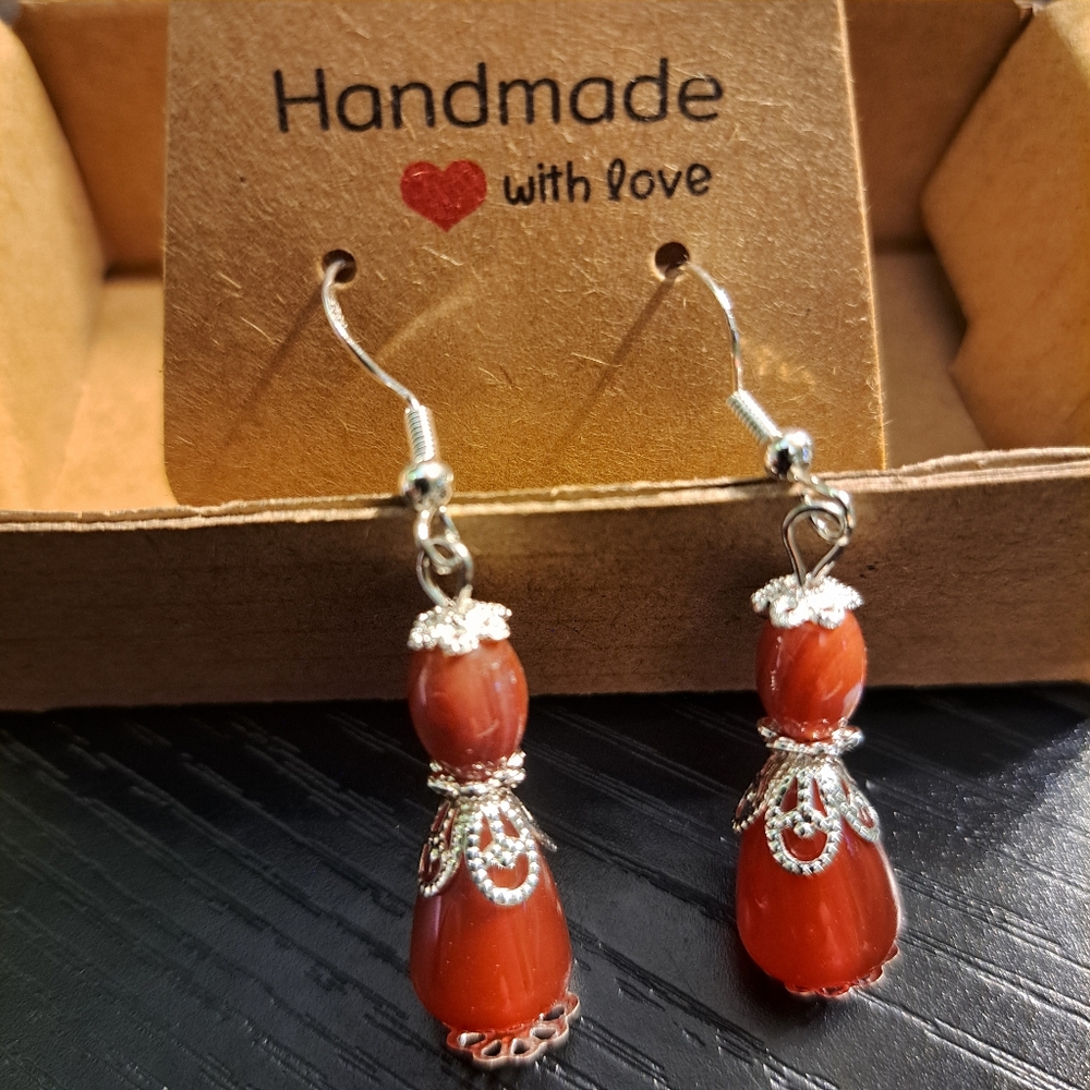 Handmade Silver and Red Agate Earrings